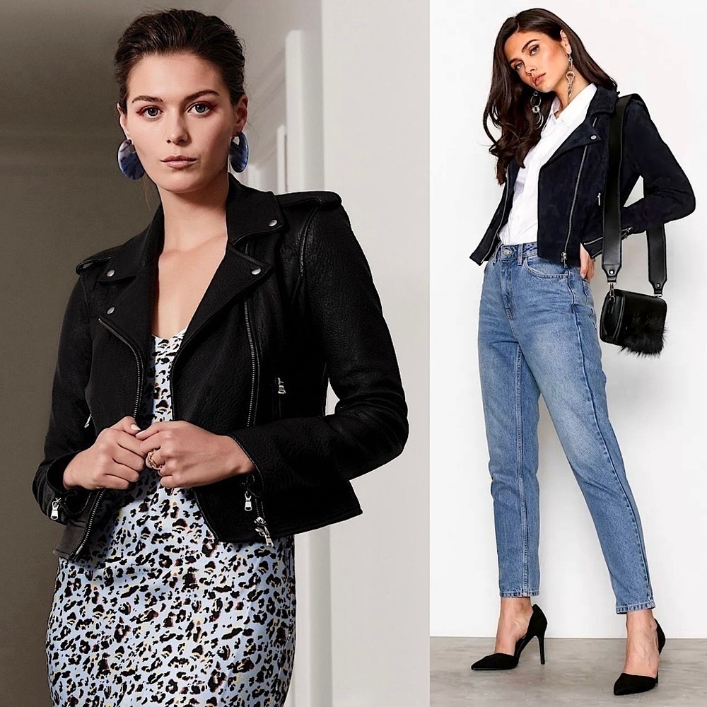 NWT L’AGENCE Leather Suede Black Asymmetrical Zip Slim Crop Moto Biker Jacket XS